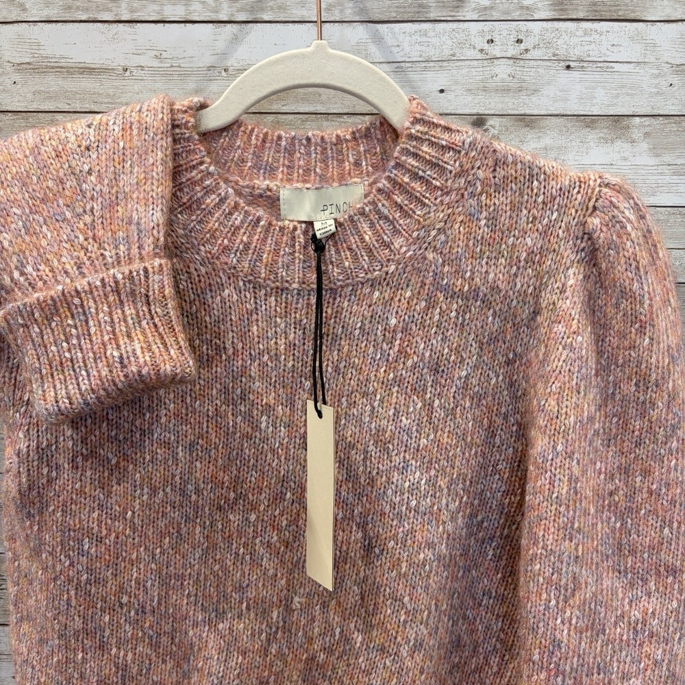 NWT PINCH Womens M Sweater Marled Speckled Pink Knit Puff Sleeve Cabin Cozy